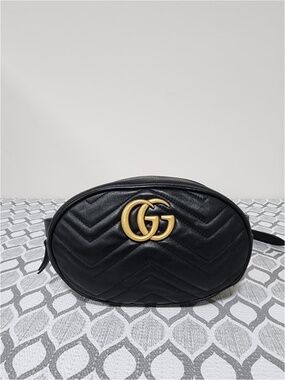 Authentic GUCCI Calfskin Matelasse GG Marmont Belt Bag Black